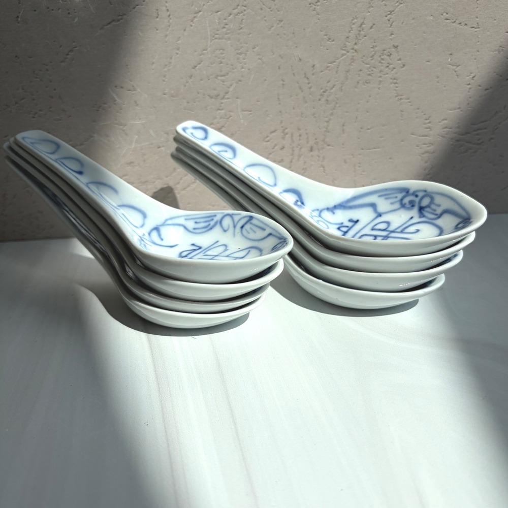 8pc Chinese Porcelain Soup Spoons Blue White Longevity Symbol Hand Painted Asian